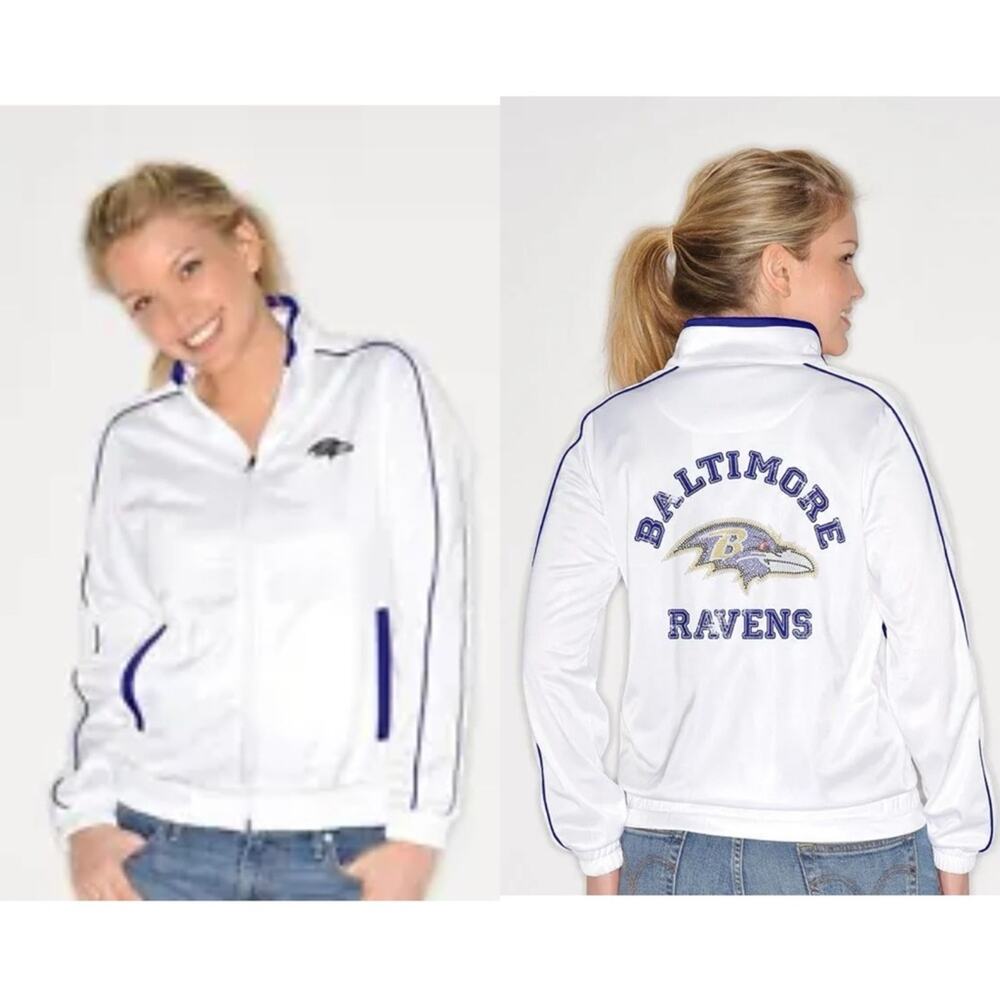 NFL BALTIMORE RAVENS White Light Weight Track Jacket Coat Bling Womens Medium